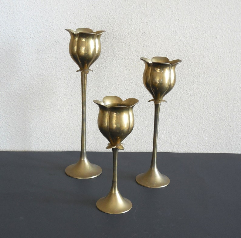 Brass Tulip Candle Holders 3 pcs Large Brass Candlesticks Etsy