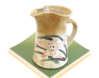 Vintage Studio Art Pottery Pitcher Ceramic Glazed Signed 10” H Pink Flowers