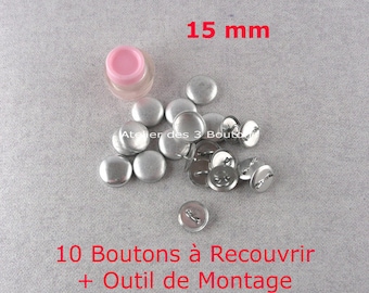 10 Boutons à Recouvrir 15 mm + Outil de Montage