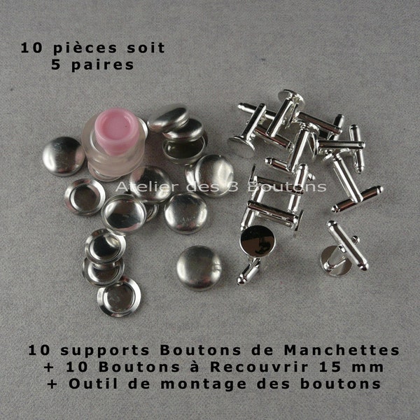 5 paires Boutons de Manchettes - Boutons à recouvrir 15 mm + outil de montage