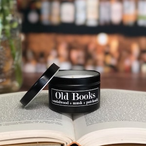 Old Books 4oz Soy Candle Tin - sandalwood + musk + patchouli
