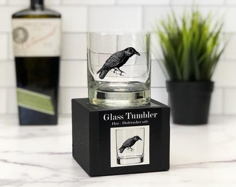 The Raven 11oz Glass Tumbler - Rocks Glass - Gifts for Book Lovers, Writers, Poets - Whiskey Lover Gifts - Barware