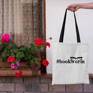Bookworm Cotton Canvas Tote Bag - Book Lover Book Bag - Literary Gift - Cat Eye Glasses- Gifts for Readers - Gifts for Librarians