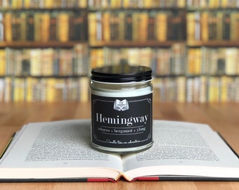 Hemingway Soy Candle - Tobacco + Bergamot + Ylang - Book Lover Candle - Literary Gifts for Writers and Authors