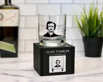 Edgar Allan Poe 11oz Glass Tumbler - Rocks Glass - Gifts for Book Lovers, Writers, Poets - Whiskey Lover Gifts - Barware