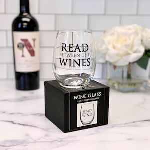 Read between the Wines 15oz Stemless Wine Glass Gifts for Readers Literary Gifts Book Club Gifts Bookish Wedding Gift Red Wine image 1