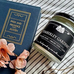 Pemberley Gardens Soy Candle-  Damask Rose + Smoky Oud + Clove - Jane Austen Candle - Literary Candle - Book inspired gift