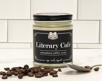 Literary Cafe Soy Candle- Colombian Coffee Scent- Book Lover Candle - Literary Gifts for Writers and Authors- Literary Candle- Bookish Gift