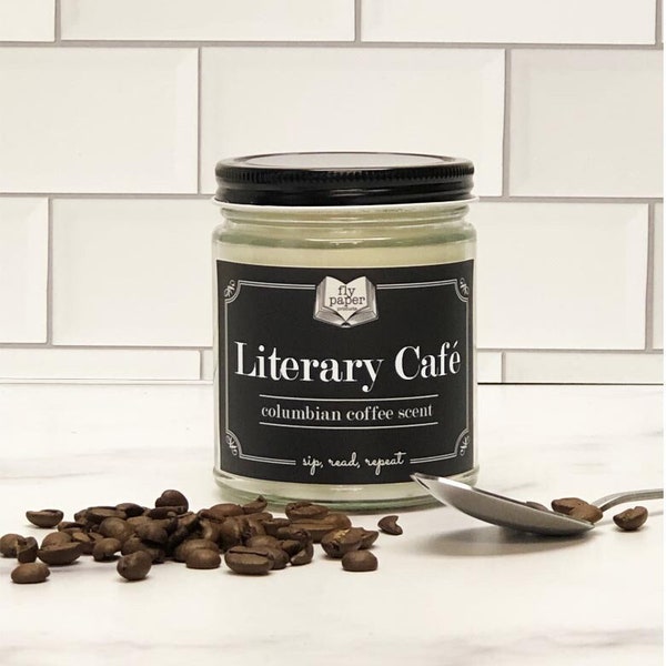 Literary Cafe Soy Candle- Colombian Coffee Scent- Book Lover Candle - Literary Gifts for Writers and Authors- Literary Candle- Bookish Gift