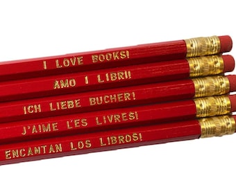 I Love Books! Language Pencils - Book lover Gift - Bookish - English - French - Spanish - Italian - German - Gift for Writer