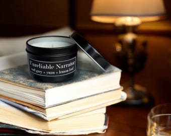 Unreliable Narrator 4oz Soy Candle Tin - Earl Grey + Yuzu + Lemon Leaf - Literary Themed Candles