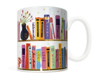 May include: White ceramic mug with a colorful bookshelf design featuring a variety of books with titles like "Travel", "Poems", "Research", "Love", "Jane Austen", "Cats", and "Maps".