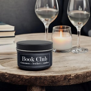 Book Club 4oz Soy Candle Tin - cinnamon + leather + amber - Gifts for Book Lovers