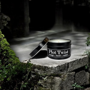 May include: A black candle tin with a white label that reads "Plot Twist orange + basil + amber". The candle is sitting on a stone surface with green moss.
