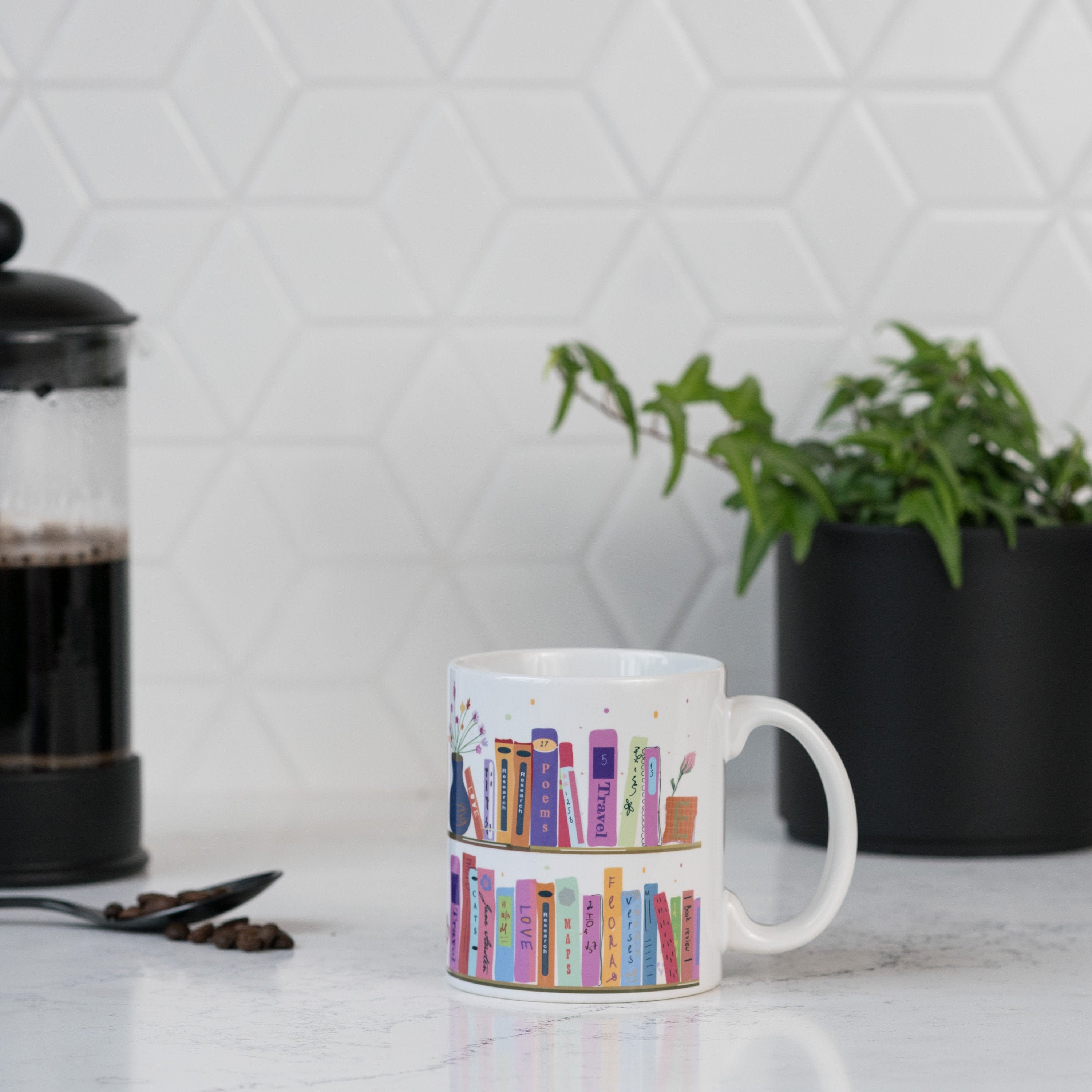 Colorful Book Shelf 11-ounce Ceramic Mug for Book Lover Gifts