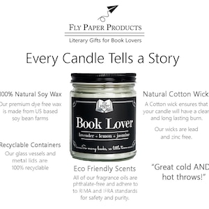 May include: A black and white candle jar with the text "Book Lover" and "lavender + lemon + jasmine" on the label. The candle is made with natural soy wax and has a cotton wick. The jar is recyclable and the scent is eco-friendly.
