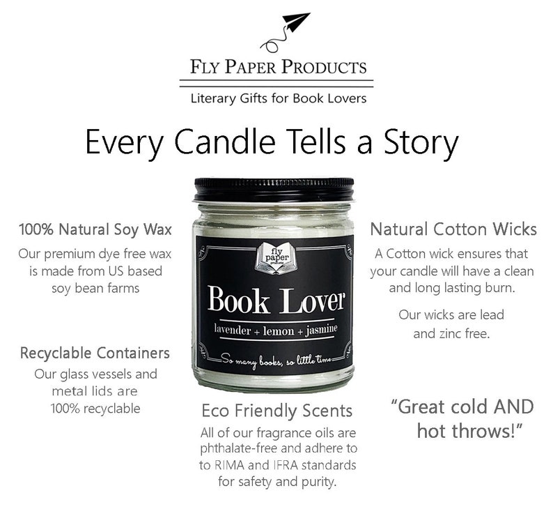 May include: A black and white candle jar with the text "Book Lover" and "lavender + lemon + jasmine" on the label. The candle is made with natural soy wax and has a cotton wick. The jar is recyclable and the scent is eco-friendly.