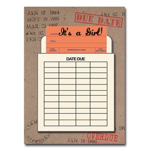 Het is een meisje! - New Baby Card met boekthema, vintage boekenkaart en bibliotheekzakje