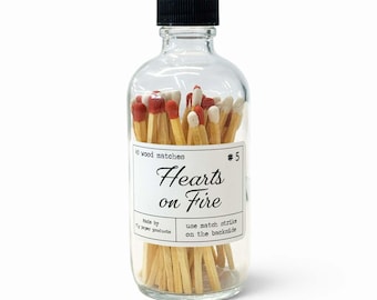 Hearts on Fire - 45 Red and White Safety Matches - Apothecary Bottle