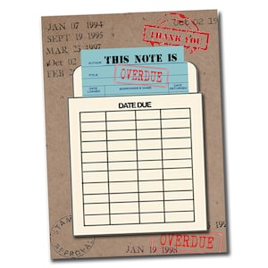 Ce billet est en retard. Carte de remerciement sur le thème du livre avec une carte de livre vintage et une pochette de bibliothèque. En retard + Amitié + Carte de voeux + Recyclé