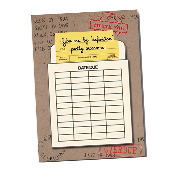 You are, by definition, awesome! Book Themed Thank You Card with a Vintage Book Card and Library Pouch. - Librarian Card - Bookish