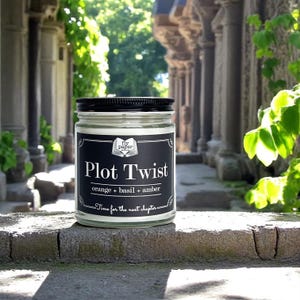 Plot Twist - 9oz Glass Soy Candle - Orange + Basil + Amber - Book Lover Candle - Literary Candle - Book Inspired Gift -Bookish Candle