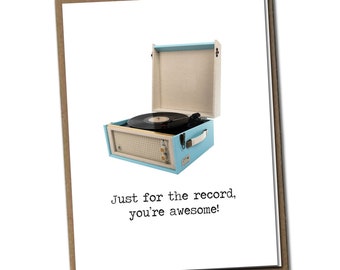 Just for the record, you're awesome! Classic Linen Series Greeting Card- Friendship Card - Record Player - Vintage Card - Friendship Card