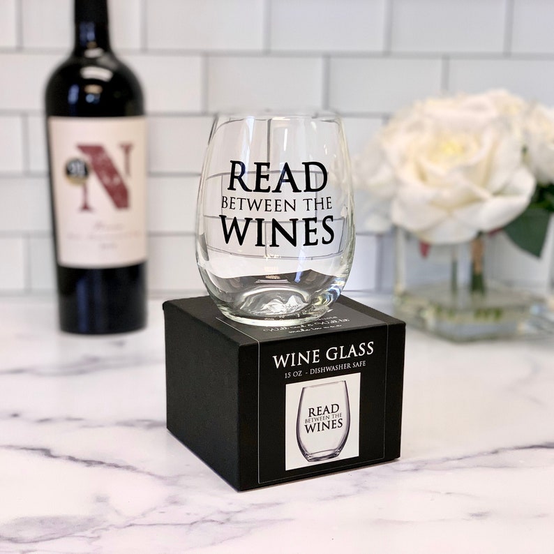 Read between the Wines 15oz Stemless Wine Glass Gifts for Readers Literary Gifts Book Club Gifts Bookish Wedding Gift Red Wine image 1