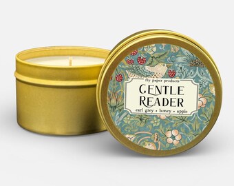 Candela di soia Gentle Reader da 4 once - Earl Grey + Miele + Mela