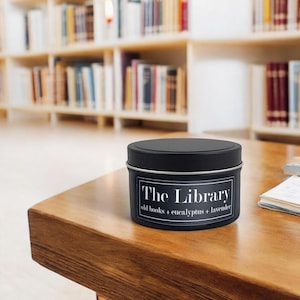 The Library 4oz Soy Candle Tin - Old Books + Eucalyptus + Lavender