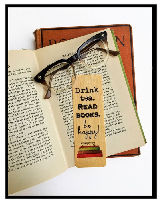 Drink Tea Read Books Wooden Bookmark: Eco-Friendly Bookworm Gift