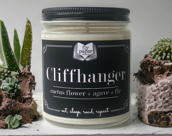 Bougie de soja Cliffhanger - Fleur de cactus + agave + sapin - cadeau pour amoureux des livres - bibliophile