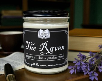 New Scent! The Raven 9oz Candle - Pepper + Lilac + Guaiac Wood -Literary and Book Lover Candle -Edgar Allan Poe- Famous Poets