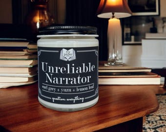 Unreliable Narrator 9oz Soy Candle - Earl Grey + Yuzu + Lemon Leaf - Literary Candle