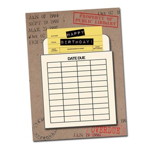 Feliz cumpleaños. Reserve la tarjeta de cumpleaños temática con una tarjeta de libro vintage y una bolsa de biblioteca.  Regalo bibliotecario- Tarjeta temática bookish -Vintage