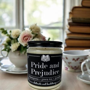 Pride and Prejudice 9oz Soy Candle - Lemongrass + Green Tea + Jasmine - Classic Literature - Gifts for Jane Austen Lovers