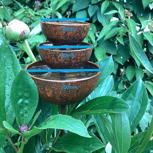 May include: A three-tiered water fountain with a rustic, weathered appearance. The bowls are 2.36, 3.15, and 3.94 inches in diameter, respectively. The fountain is surrounded by lush green foliage and peony buds, creating a natural, garden-like setting.
