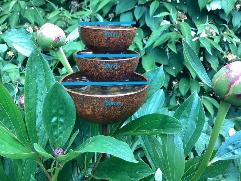 May include: A three-tiered water fountain with a rustic, weathered appearance. The bowls are 2.36, 3.15, and 3.94 inches in diameter, respectively. The fountain is surrounded by lush green foliage and peony buds, creating a natural, garden-like setting.