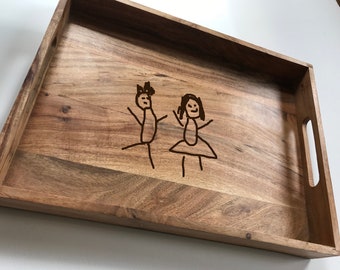 Personalised Childs Drawing Engraved Wood Tray, Large Tray 39.5x29.5x5.5cm, Christmas Gift, Grandparents Gift