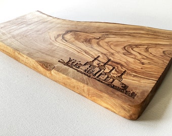 Battersea Power Station Engraved Solid Olive Wood Chopping Board and Solid Acacia Coasters