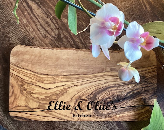 Featured listing image: Personalised Engraved Solid Olive Wood Chopping Cheese Board Birthday Wedding Engagement Moving In Anniversary Gift