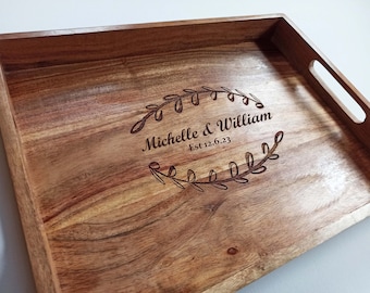 Personalised Engraved Wedding Gift, Solid Acacia Serving Tray, Large Tray 40x30x5cm, Wedding Gift, Anniversary Gift