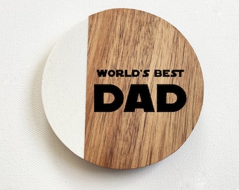 Fathers Day Personalised Coasters, Personalised Engraved Marble and Acacia Wood Coaster, Personalised Gift Using Your Own Text