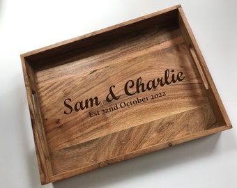 Personalised Drinks Tray, Gin Tray, Tea Engraved Tray, Garden Tray, Real Solid Acacia Wood Tray, Two Sizes, Drinks Tray & Breakfast Tray