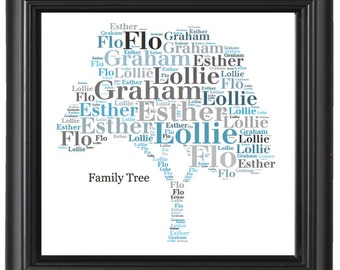 Gift Personalised Word art Family Tree, Heart, Flower Gift unique print