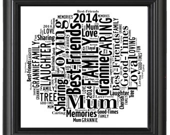 Personalised Teachers Xmas Gift Word art Family Tree, Heart, Flower Gift unique print, Any Colour Text