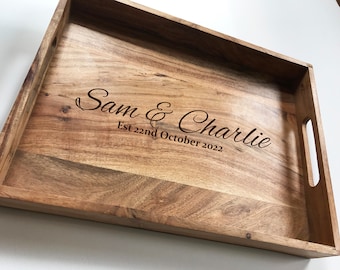 Personalised Wedding Large Wooden Tray, Breakfast Tray, Wedding Tray, Anniversary Gift Engraved, Valentines Gift, Lrg Acacia Tray