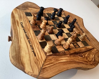 Personalised Hand Made Olive Wood Chess Set, Rustic Chess Set Including Chess Pieces and Two Storage Drawers, Christmas Gift