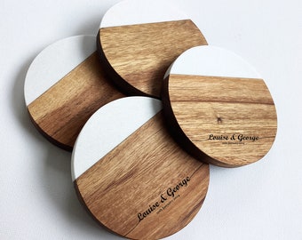 Personalised Engraved White Marble and Acacia Wood Coasters, Personalised Wedding Gift, Personalised Christmas Gift, 5th Anniversary Gift