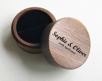 Personalised Wooden Wedding Ring Box Professionally Engraved, Made from Real Walnut Wood, Round or Hexagon Box